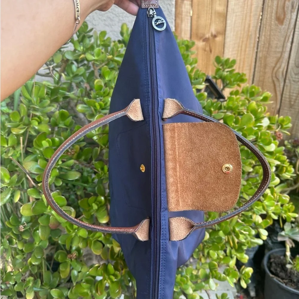 Longchamp Navy Tote with Brown Leather Trim